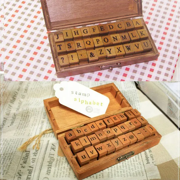 Ensemble De Tampons Alphabet Anglais En Bois Vintage Tampons En Caoutchouc Avec Boîte De Rangement