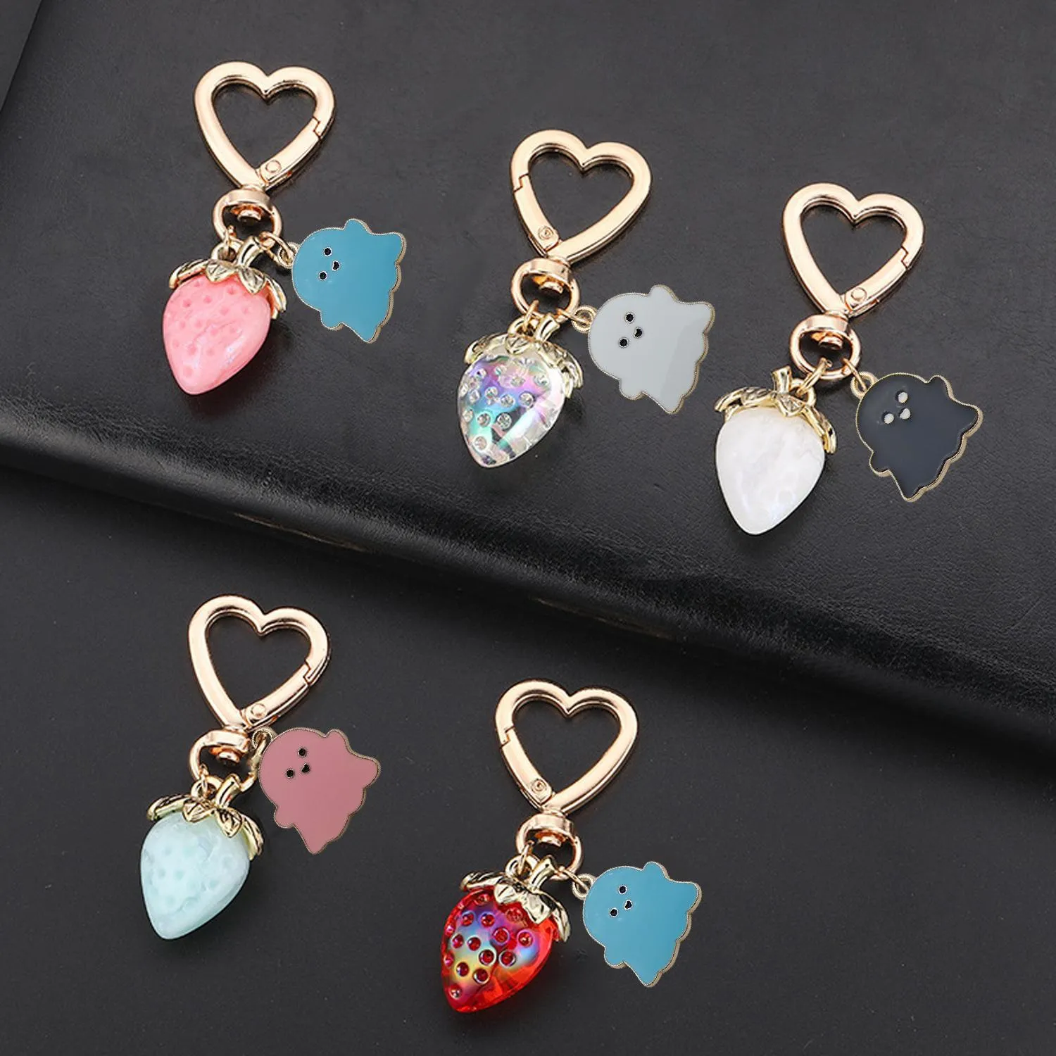 Halloween Fantasma Fragola Cuore Portachiavi Carino Cristallo Trasparente Pendente Borsa Moda Anello Chiave Regalo