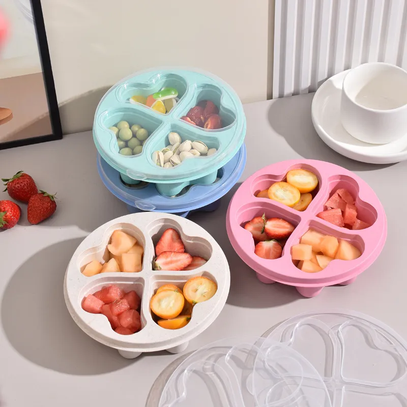 Contenitore Salvafreschezza in Paglia di Grano a Forma di Cuore Scatola a Quattro Scomparti per Frutta Snack Caramelle Con Coperchio Trasparente