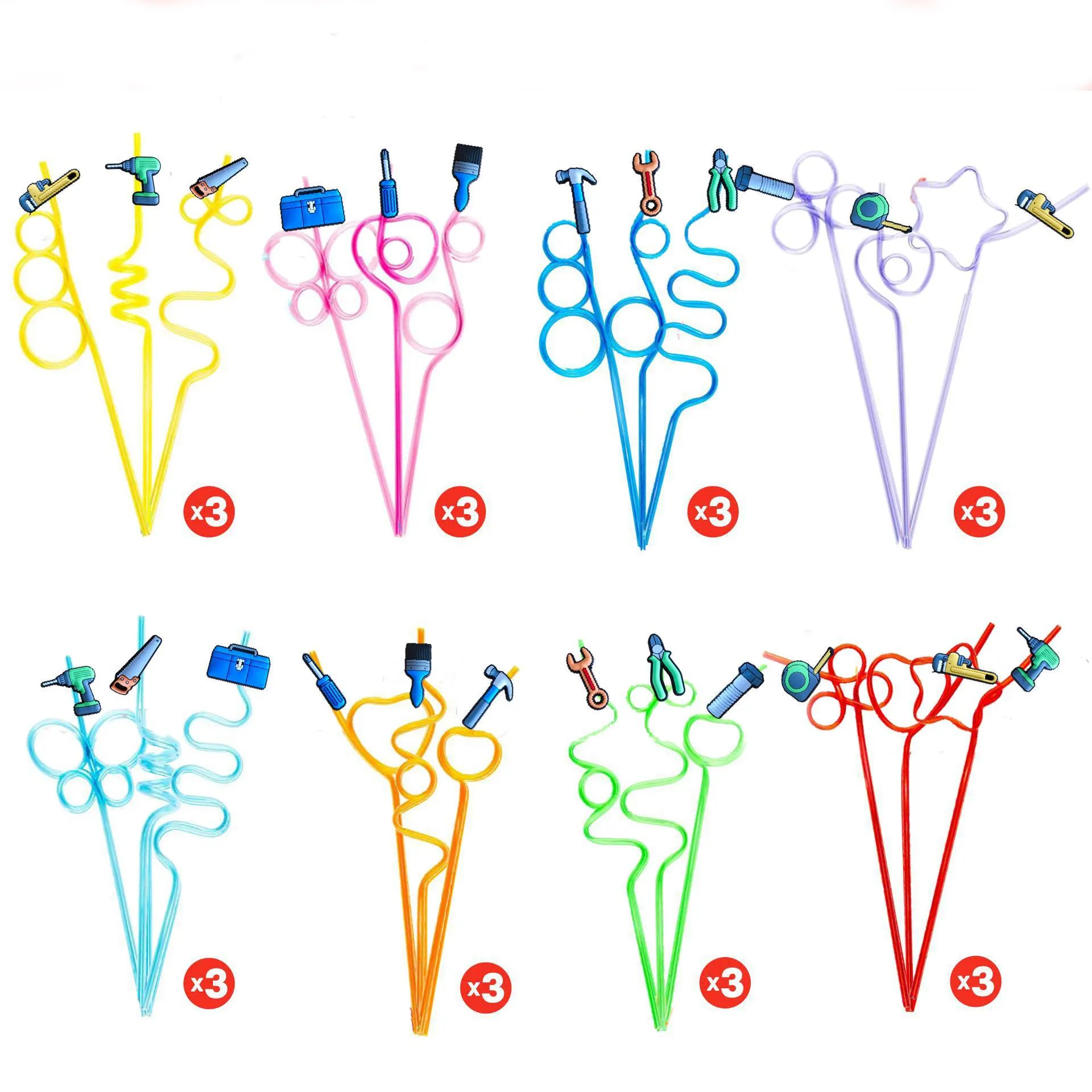 Creative Cartoon Tool Shaped Plastic Straws Set Colorful Drinking Straws With Charms Party Drinkware Accessories