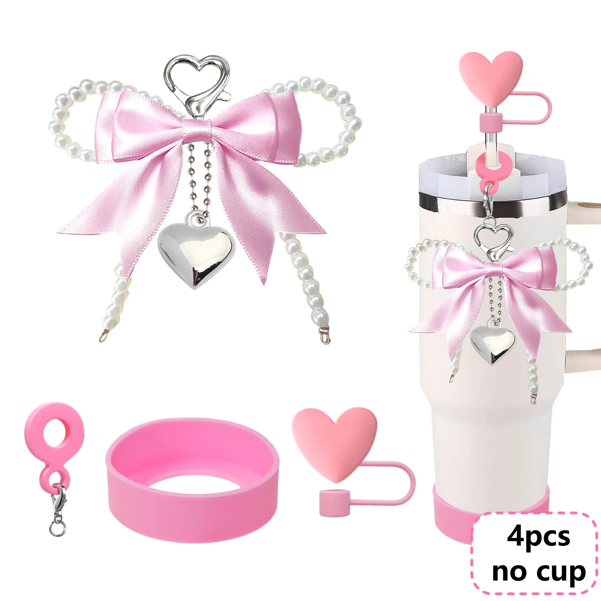 Cute Pearl Bow Water Bottle Accessories Set Silicone Cup Sleeve Straw Cover Charm Chain Drinkware Decoration For Women