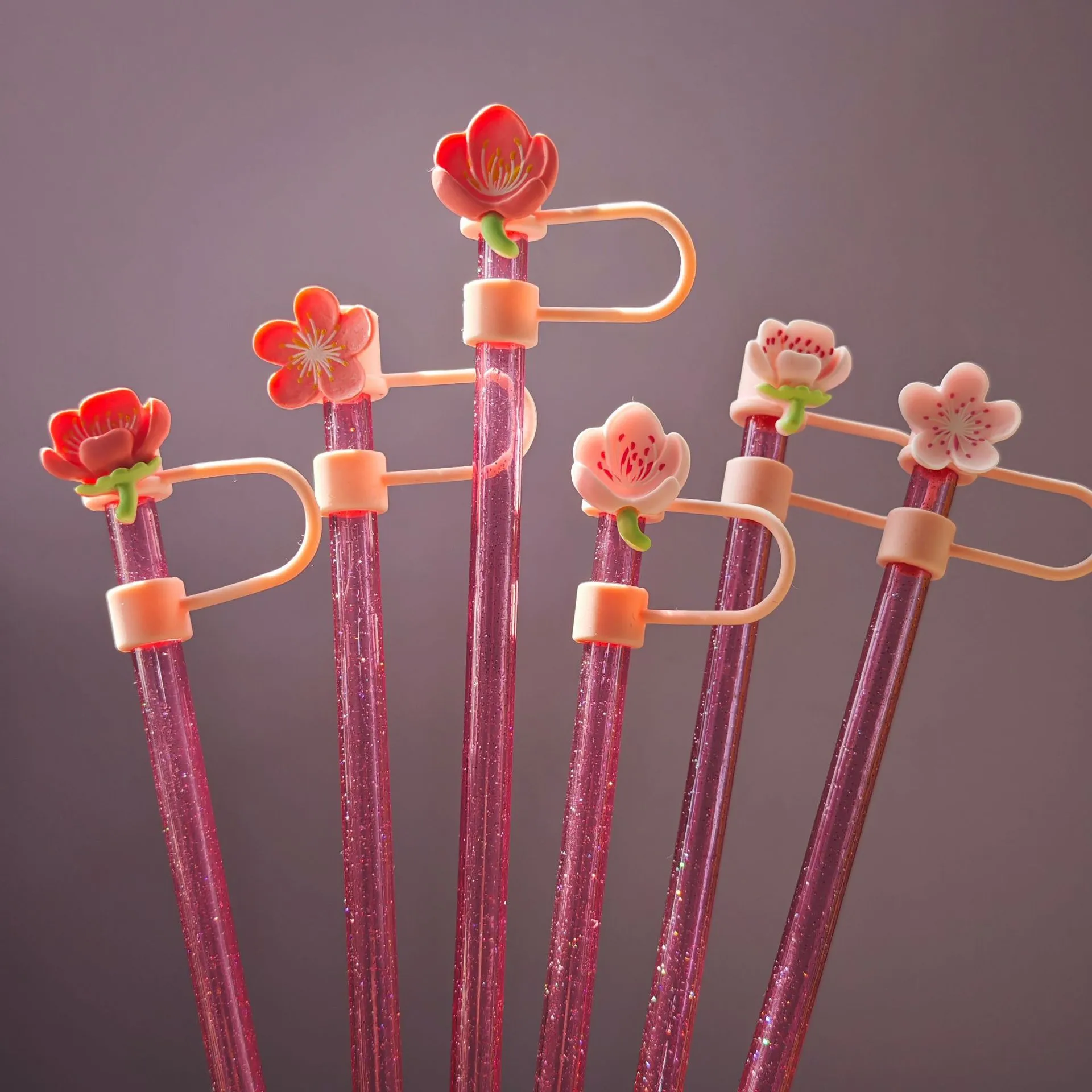 Cherry Blossom Straw Cover Silicone Dust Proof Cap Cute Flower Drinkware Accessories For 10mm Straws Cup Decoration