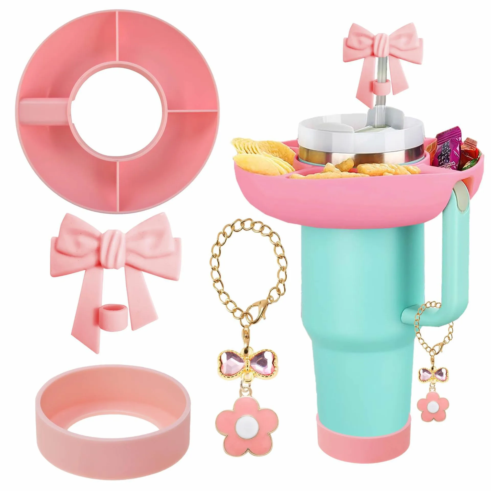 Portable Snack Tray For Large Tumbler Cup With Bowknot Straw Cover Cup Holder Bottom Protector And Chain Pendant Accessories