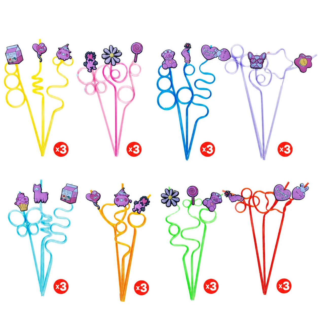 Cute Cartoon Shaped Drinking Straws Set With Colorful PVC Charms Reusable Plastic Straws For Kids Party Home Drinkware