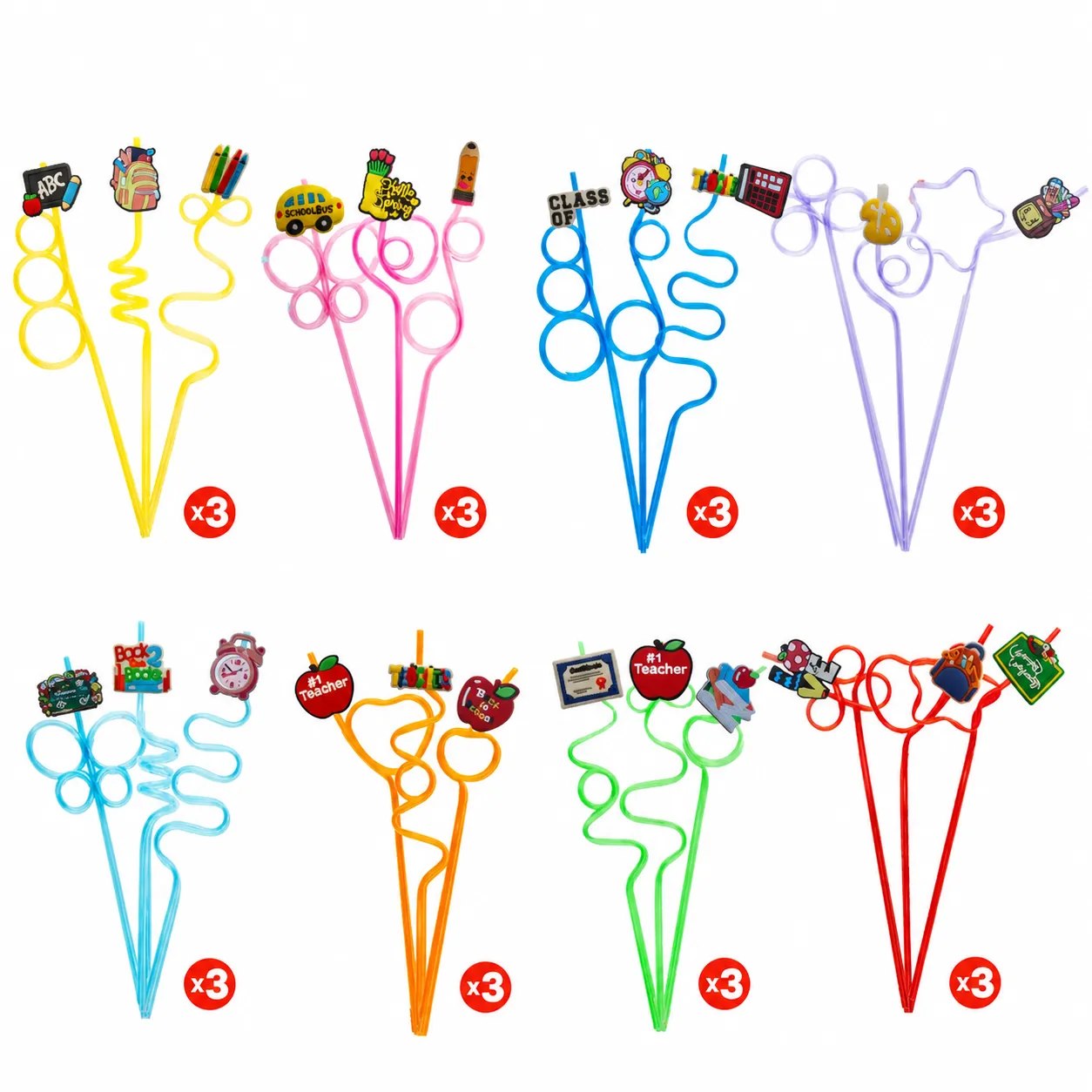 Creative Cartoon School Theme Plastic Drinking Straws Set With Cute Removable PVC Charms Party Drinkware Accessories