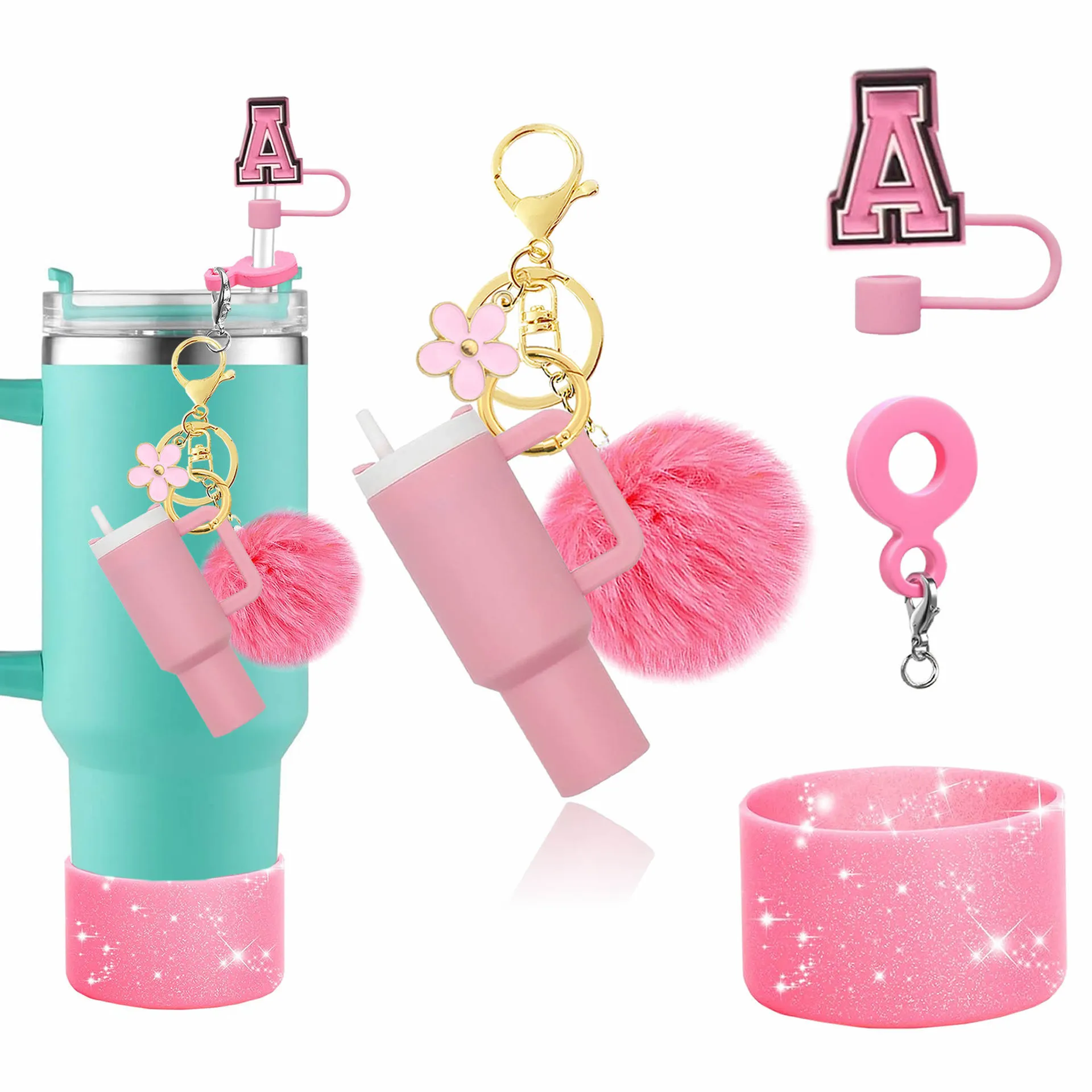 Mini Tumbler Cup Keychain Pom Pom Pendant Letter Straw Cover Silicone Cup Bottom Sleeve Accessories Set