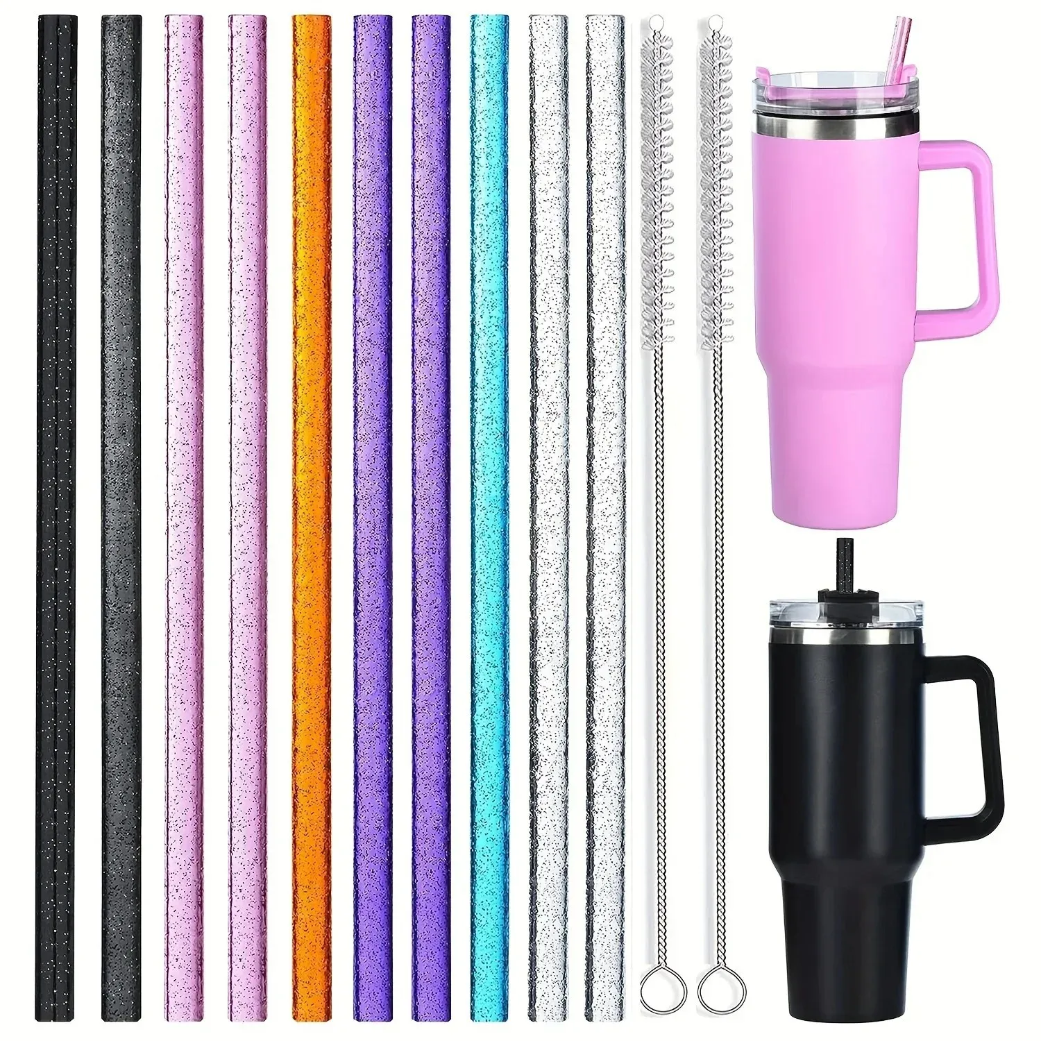 Stainless Steel Tumbler Straws Replacement Set With Glitter Design Reusable Drinking Straws And Cleaning Brushes For Cups