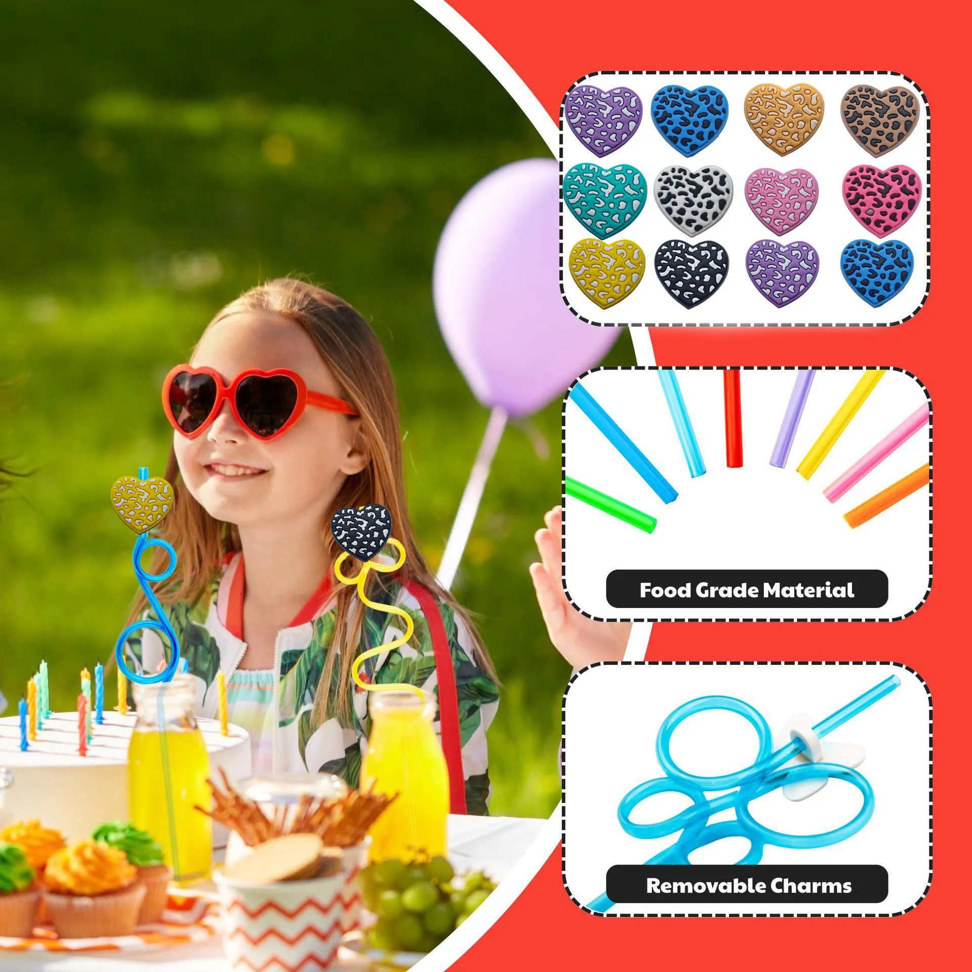 Cannucce di Plastica Colorate Con Ciondoli in Silicone Cuore Leopardo Cannucce Flessibili Per Decorazione Tavola Festa di Compleanno