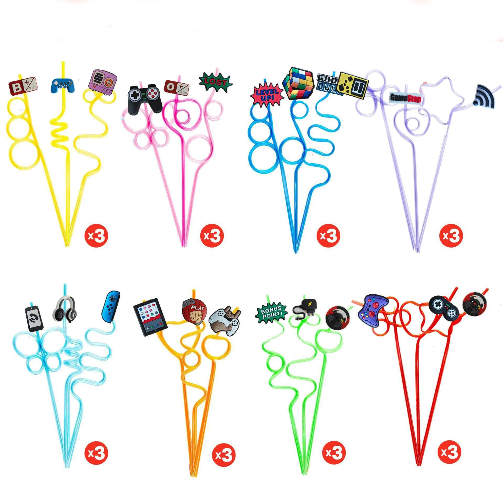 Creative Game Theme Cartoon Drinking Straws Set Plastic Party Drink Decoration With Removable Decorative Charms