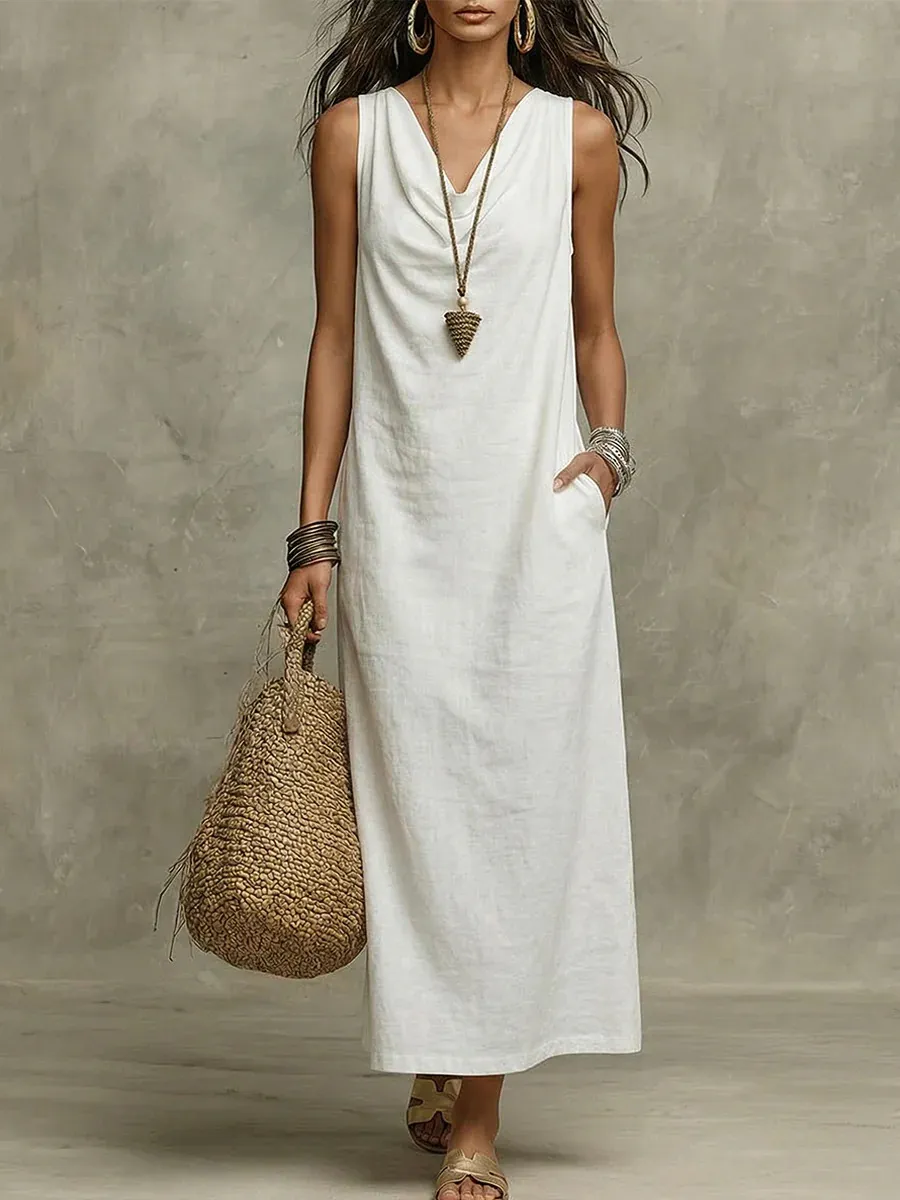 Donna Estate Casual Tinta Unita Collo Drappeggiato Senza Maniche Largo Lungo Abito Elegante Abito Maxi in Poliestere Con Tasche