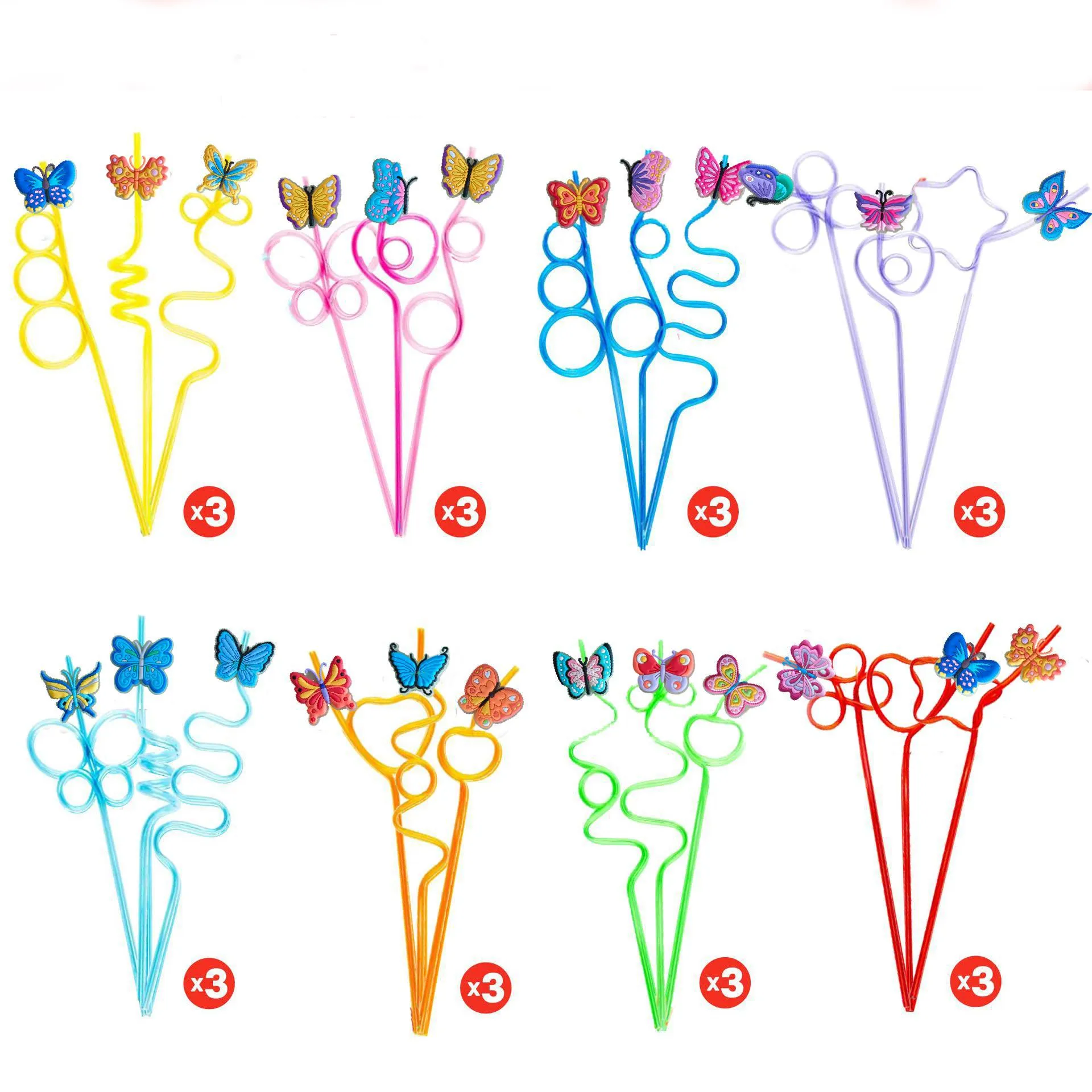 Colorful Plastic Cartoon Butterfly Straws Creative Drinking Straws With Decorative Charms For Party Drinkware Decor