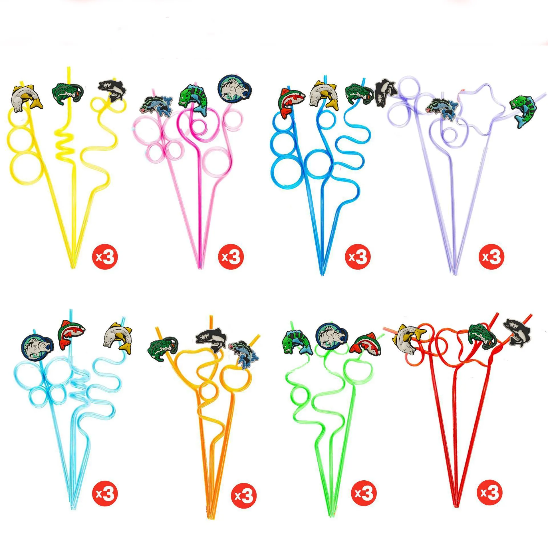 Cartoon Fishing Theme Plastic Drinking Straws Set Cute Fish Charms Flexible Party Straws For Birthday Party Drinkware