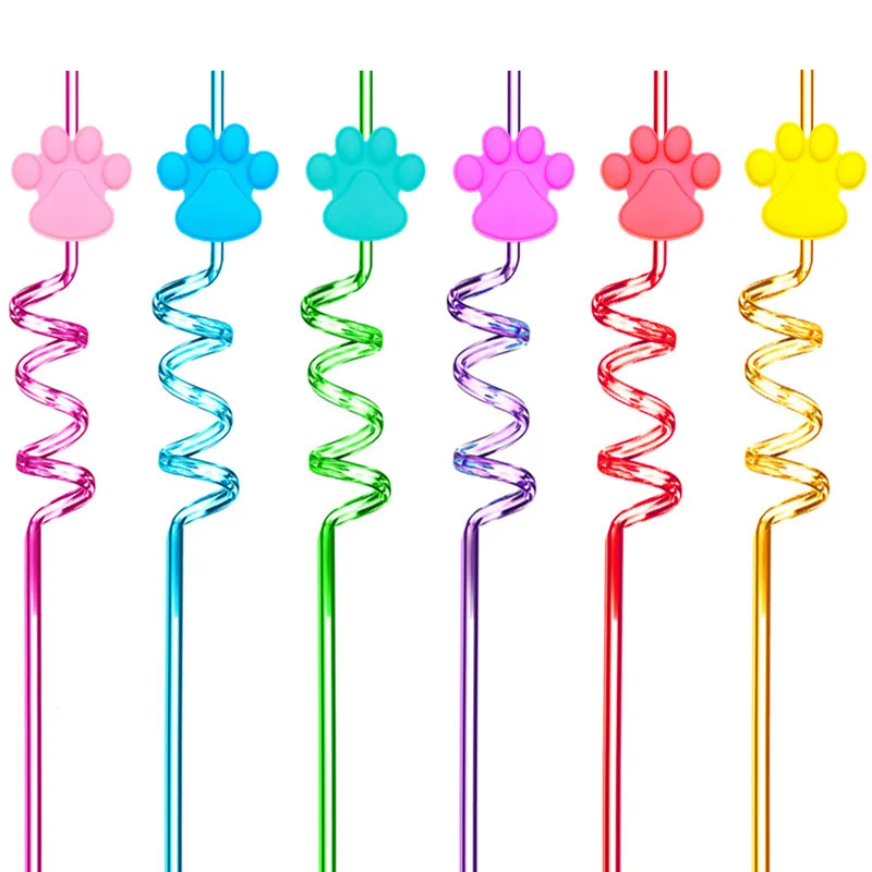 Cute Cartoon Dog Paw PET Plastic Spiral Drinking Straws Colorful Curly Straws For Kids Party Tableware Drinkware