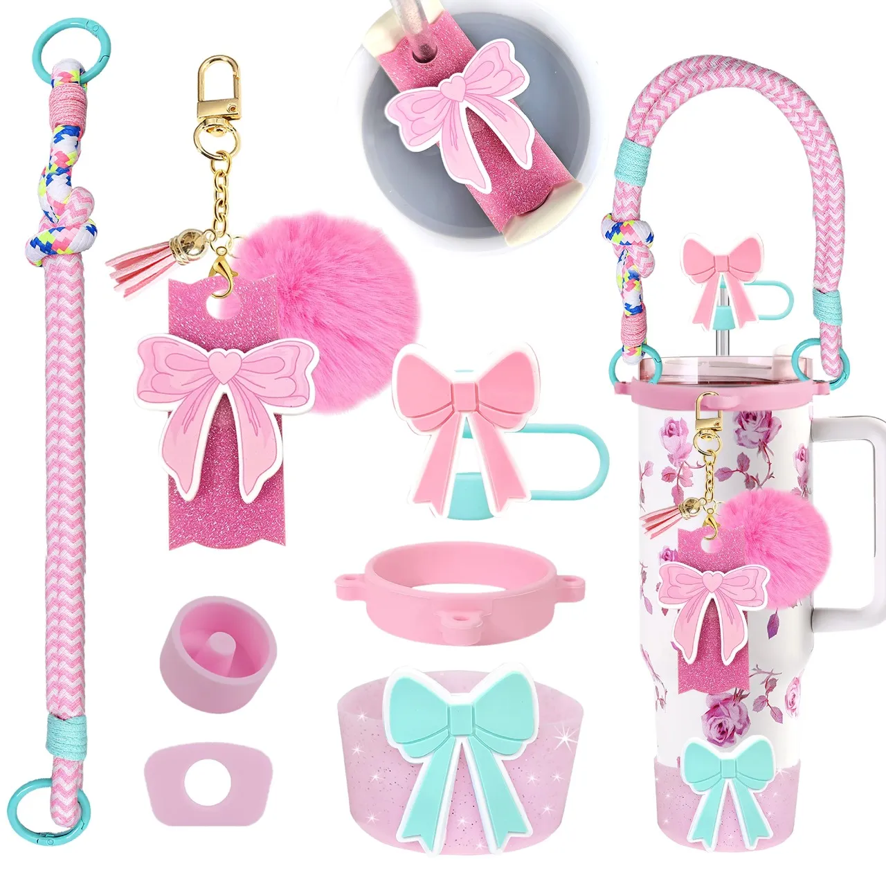 Set di Copritazza in Silicone Cinturino Cordino Fiocco Copritulipano Ciondolo Targhetta in Acrilico Compatibile Con Accessori per Tazza Stanley