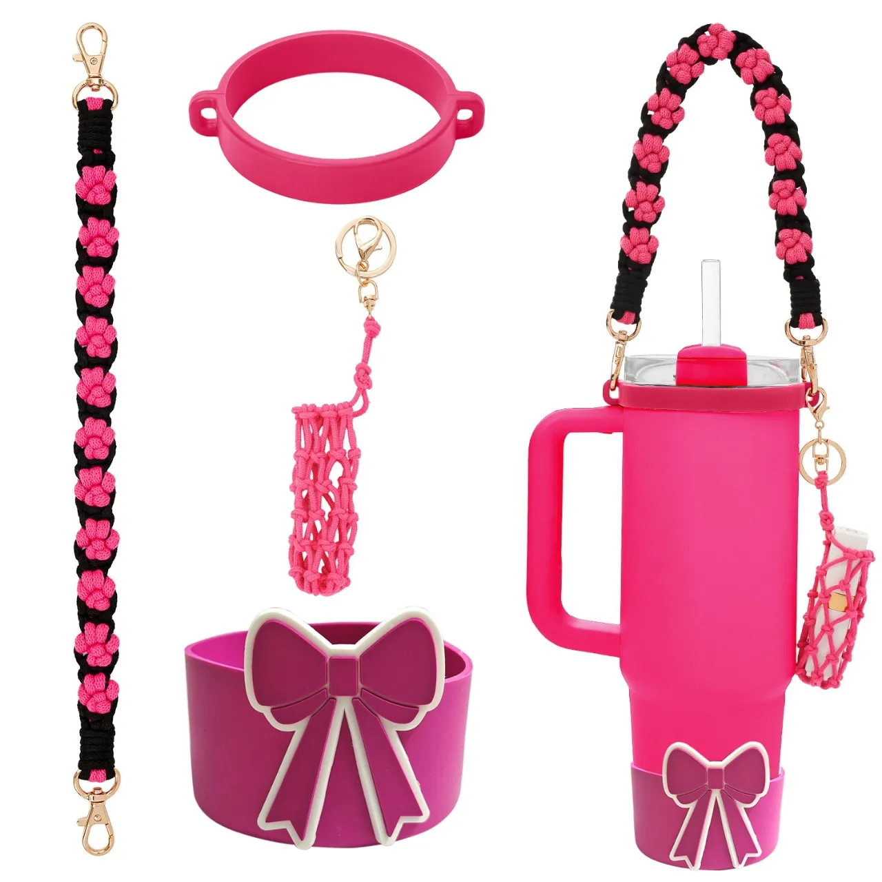 Handmade Woven Water Bottle Strap Silicone Cup Sleeve With Bowknot Pouch Portable Cup Carrier Accessories