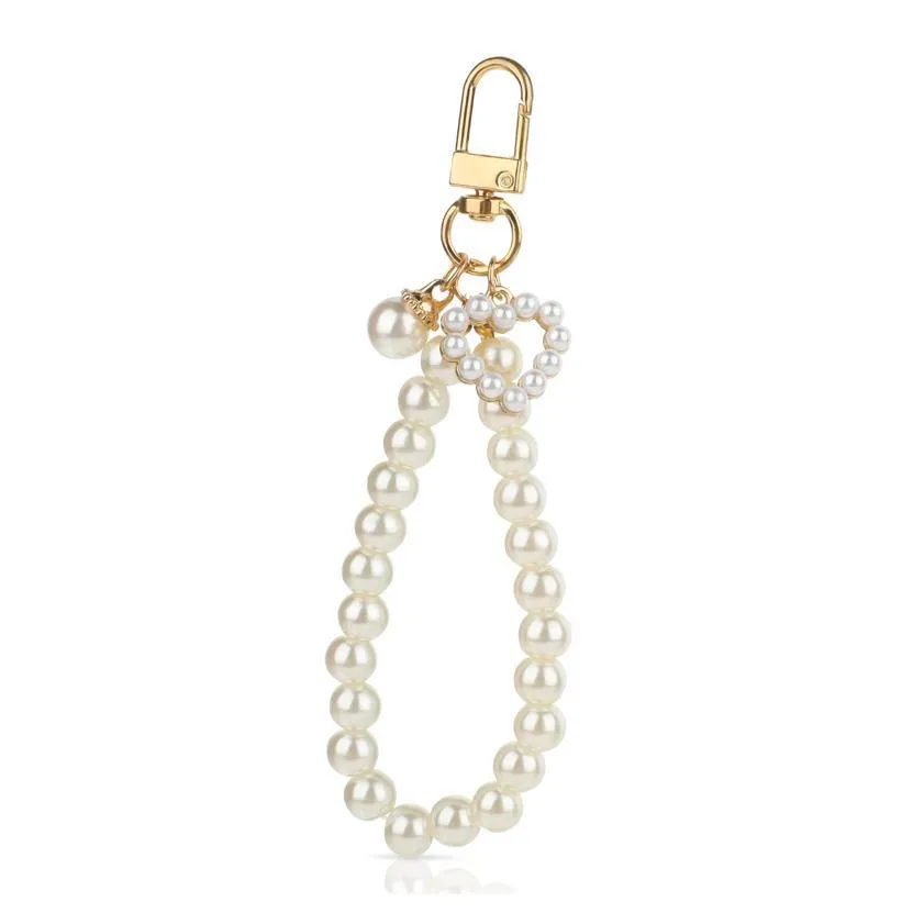 Artificial Pearl Keychain Wristband Heart Pendant Bag Car Key Chain Charm Cute Hand Strap Fashion Jewelry Gift