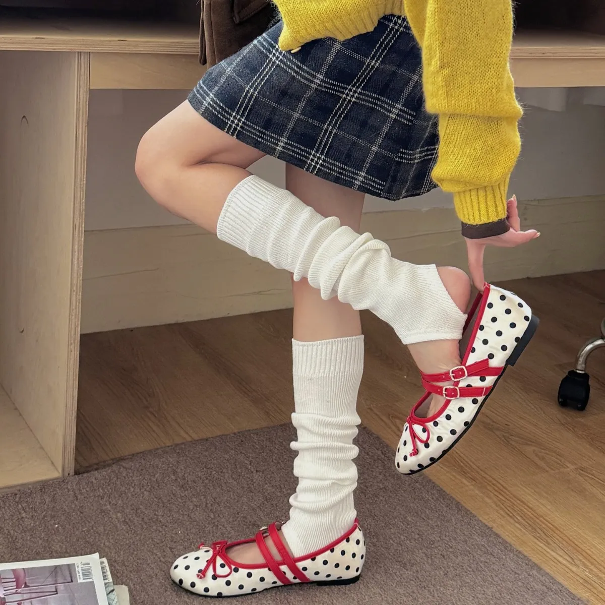 Scaldamuscoli in Maglia Stile Coreano Casual da Donna a Tinta Unita Costine Cucite Calzini Impilati Accessorio Moda
