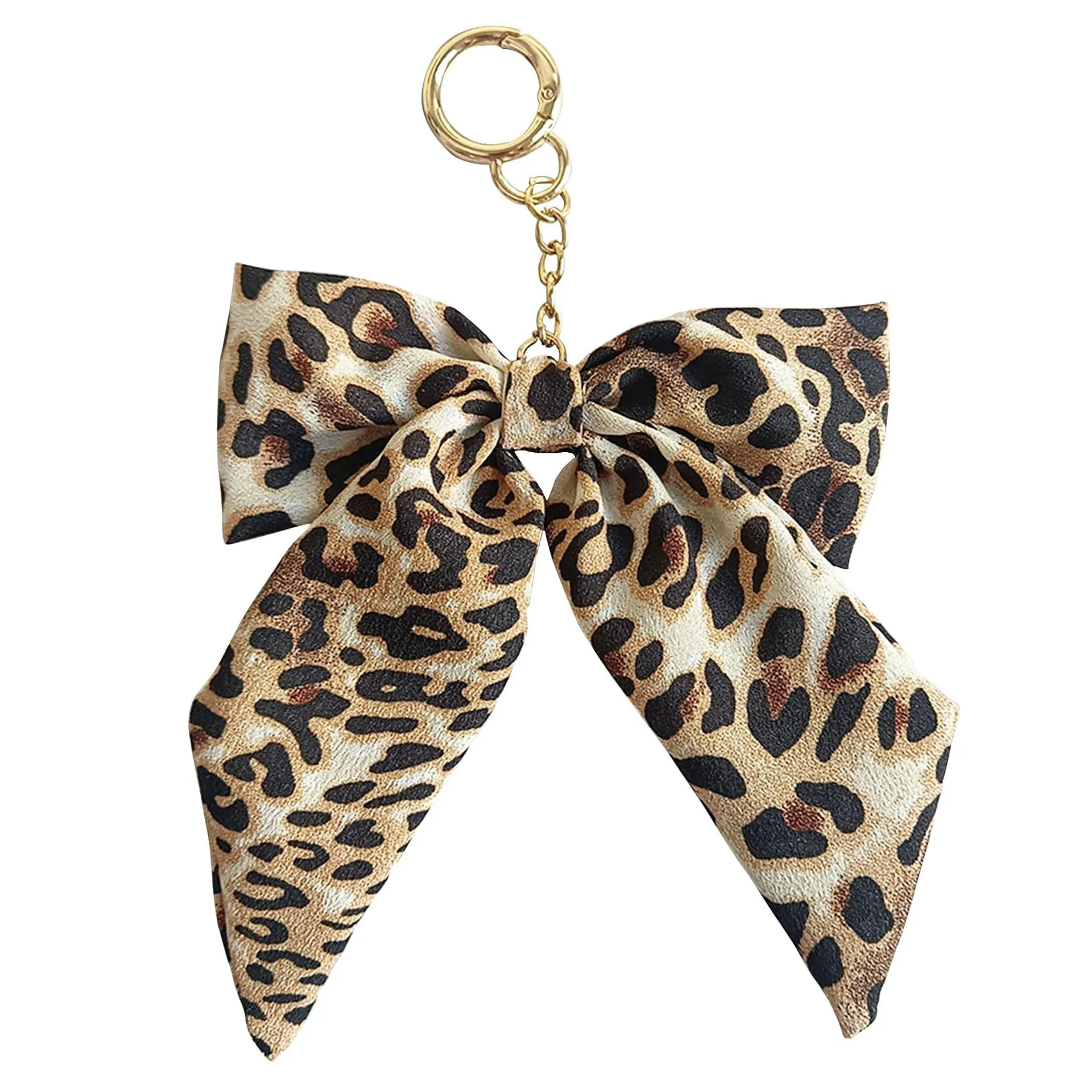 Leopardenmuster Schleife Schlüsselanhänger Taschenanhänger Stoff Band Perlenkette Hängendes Ornament Auto Schlüsselring Damen Zubehör