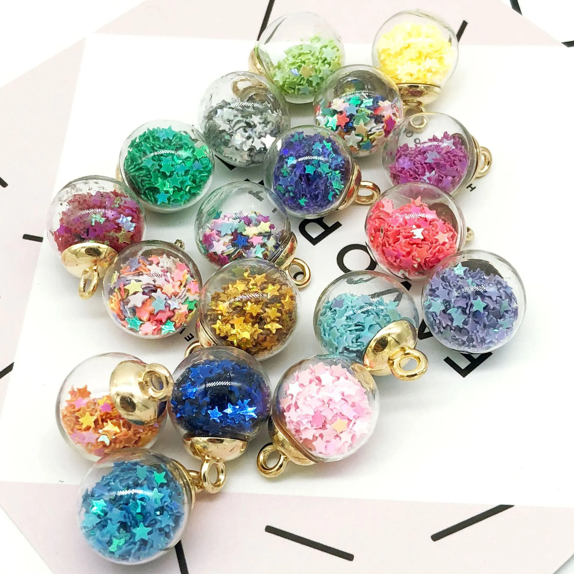 DIY Alloy Star Sequins Glass Ball Pendants Colorful Star Glitter Glass Globes Charms For Bracelet Necklace Jewelry Making