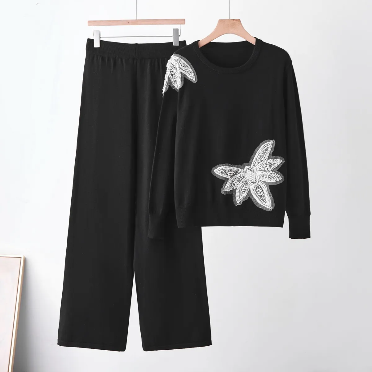 Women Autumn Winter Knit Sweater And Wide Leg Pants Top And Bottom Set Casual Long Sleeve Crew Neck Pullover Solid Color Chic Outfit
