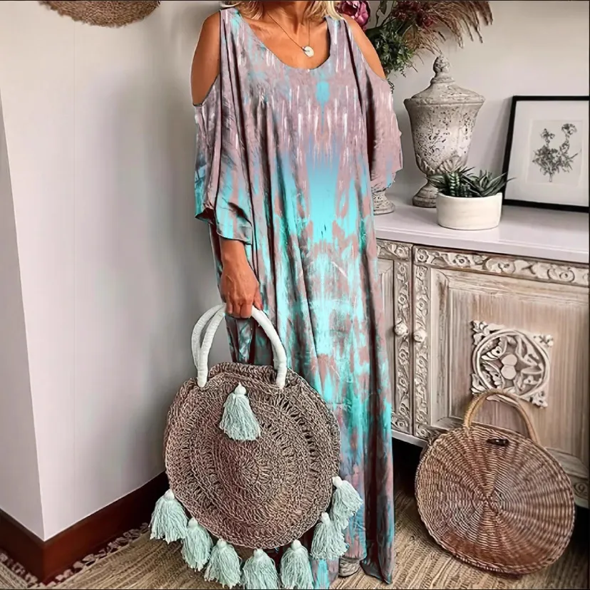 Vestido Maxi Estampado Estilo Vacaciones Bohemio Suelto Casual Hombros Descubiertos Manga Larga Ropa de Playa