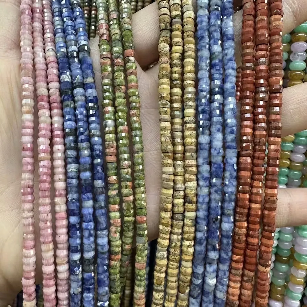 Cuentas Rondelle de Piedra Natural Facetada 2x4mm Hilo de Cuentas Sueltas para Fabricación de Joyas DIY Amatista Cuarzo Rosa Amazonita