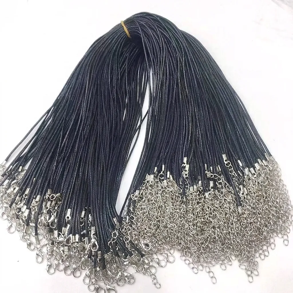 Black Waxed Rope Necklace Cord Faux Leather Cord With Silver Lobster Clasp Extension Chain For DIY Jewelry Making Accessories