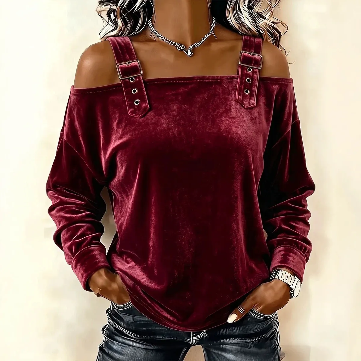 Maglione Lavorato a Maglia Casual con Spalle Scoperte e Manica Lunga da Donna Top Largo Monocolor Moda Autunno Inverno