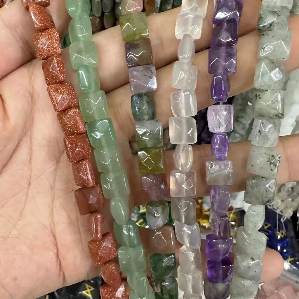 Cuentas Sueltas de Piedra Natural Cuadrada Facetada Tira de Cuentas de Cristal Ágata Cubo Doble Cara para Artesanía Bricolage Creación Joyas