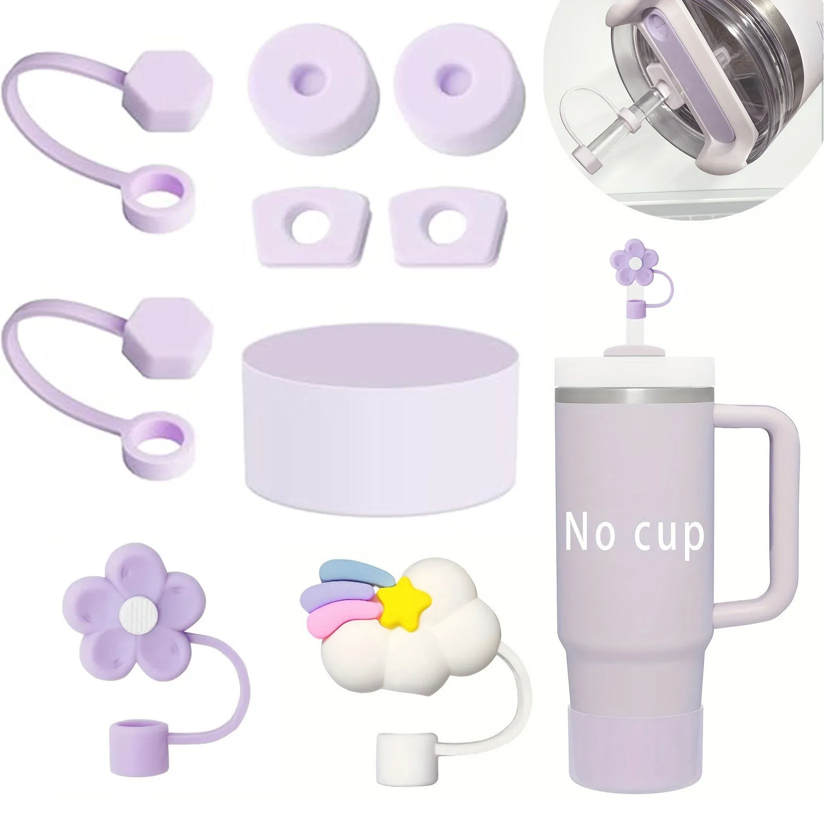 Set Tappo di Paglia e Custodia Antifuoriuscite in Silicone per Grandi Bicchieri Accessori Simpatici Disegni Floreali e di Nuvole