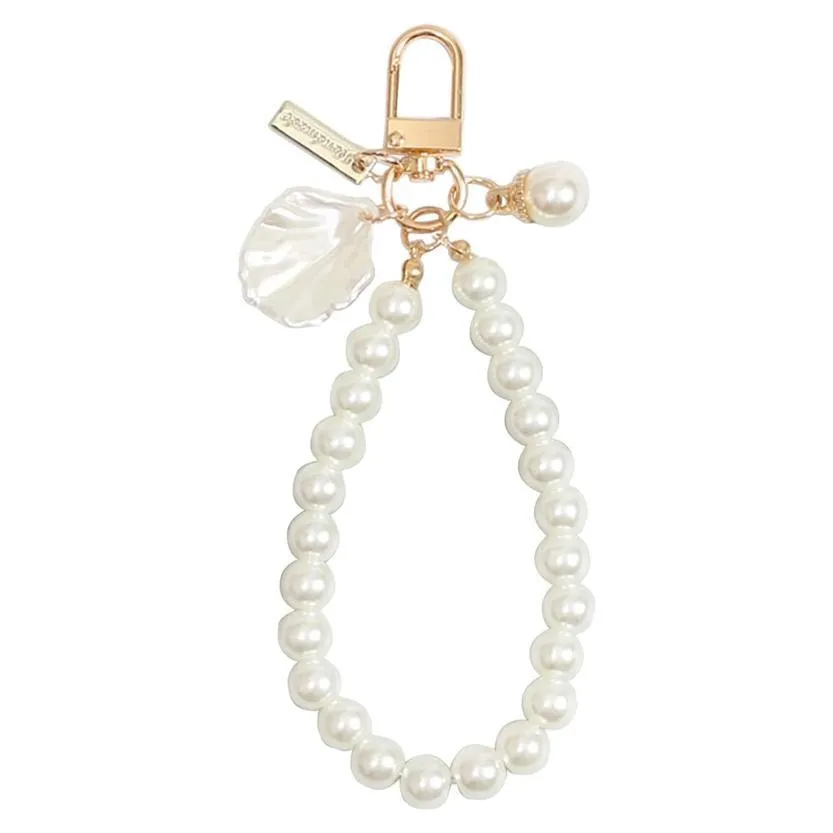 Elegant Artificial Pearl Heart Keychain Phone Chain Bag Pendant Shell Pearl Key Ring Car Hanging Ornament