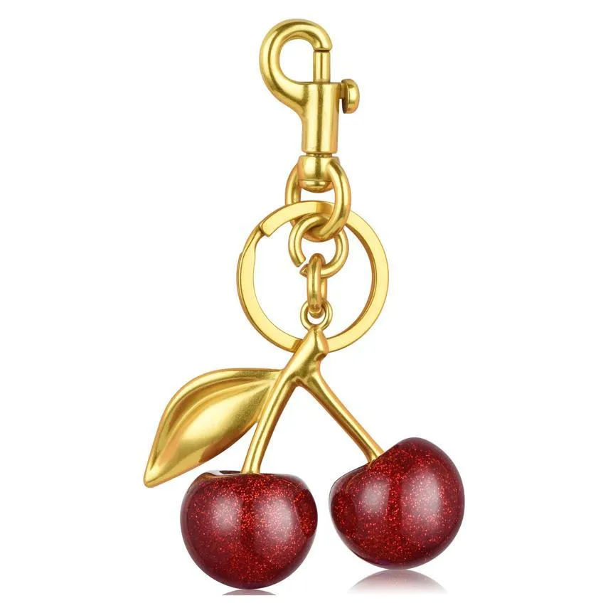 Breloque de Sac Porte-Clés Cerise Brillante Mignon Fruit Anneau de Clés Or Métal Paillettes Résine Pendentif Bijou Cadeau Pour Femmes