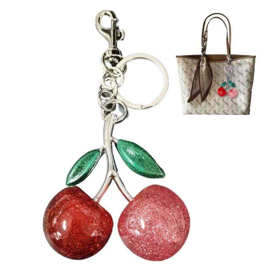 Lindo Llavero de Doble Cereza Metal Brillo Resina Colgante de Bolso Mujer Cartera Colgante Moda Accesorio Colgante Interior de Coche