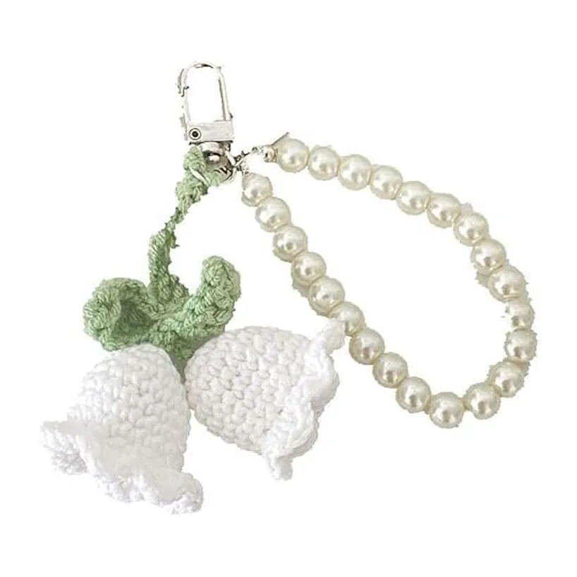 Gestrickter Maiglöckchen Blumen Anhänger Künstliche Perle Kette Schlüsselanhänger Auto Schlüsselring Taschenschmuck Damenschmuck