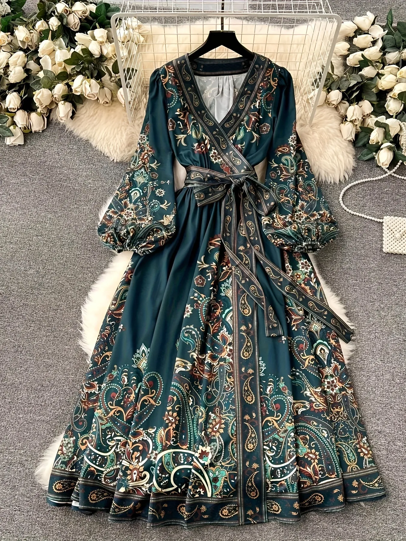 Damen V-Ausschnitt Ethno Print Maxi Kleid Langarm Boho Taille Bindegürtel A-Linie Polyester Vintage Casual Party Kleid Für Damen