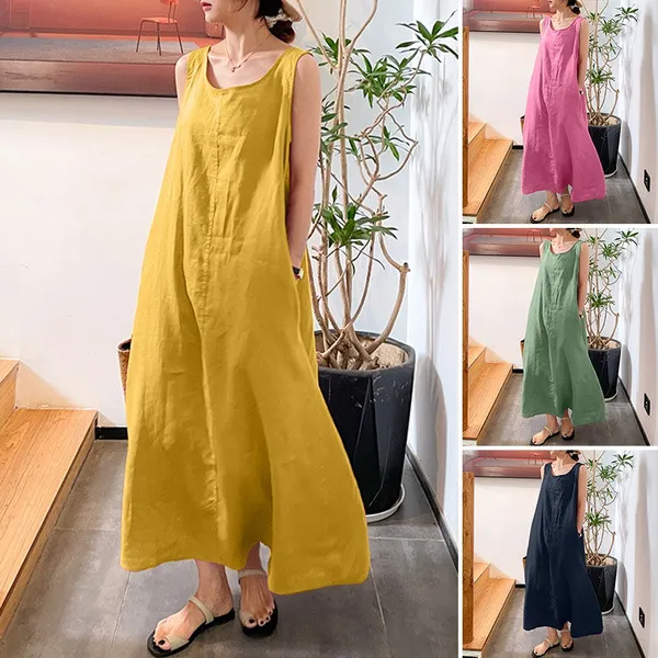 Women's Casual Cotton Linen Sleeveless Maxi Dress Elegant Round Neck Loose Patchwork Summer Long Dress With Pockets Solid Color Vacation Sun Dress