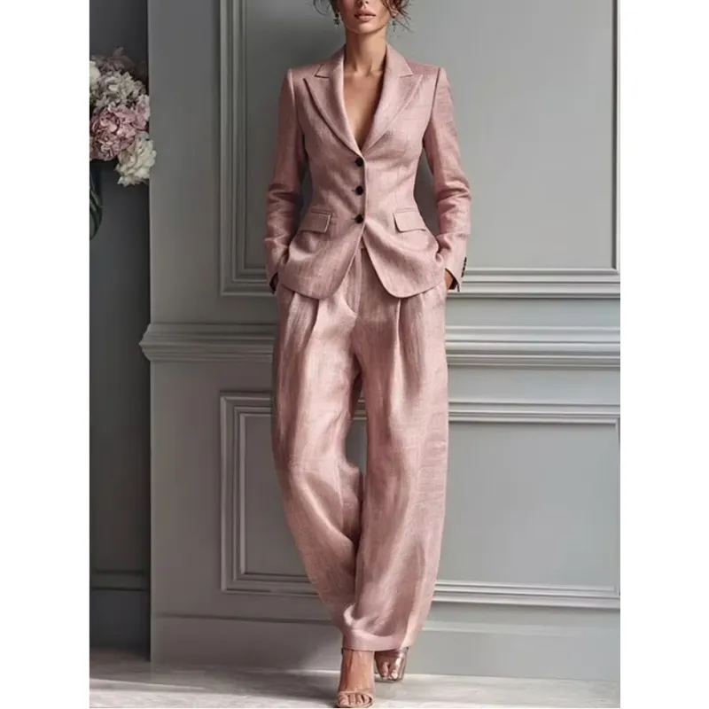 Women Fashion Casual Western Style Solid Color Single Breasted Blazer And Pants Top And Bottom Set For Office Daily Wear