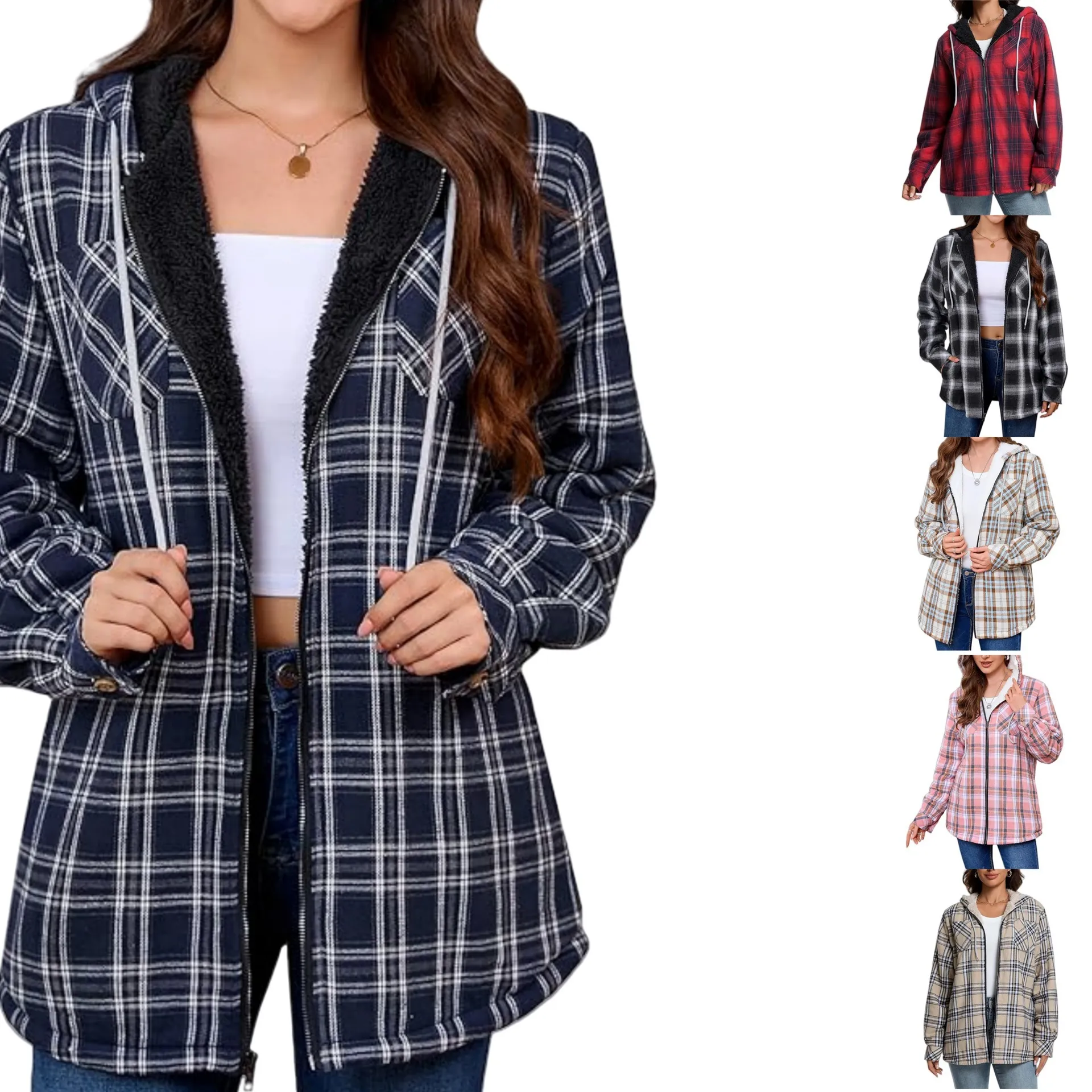Women Plaid Fleece Lined Hooded Jacket Vintage Printed Long Sleeve Zip Up Shirt Top For Autumn Winter Casual Outwear
