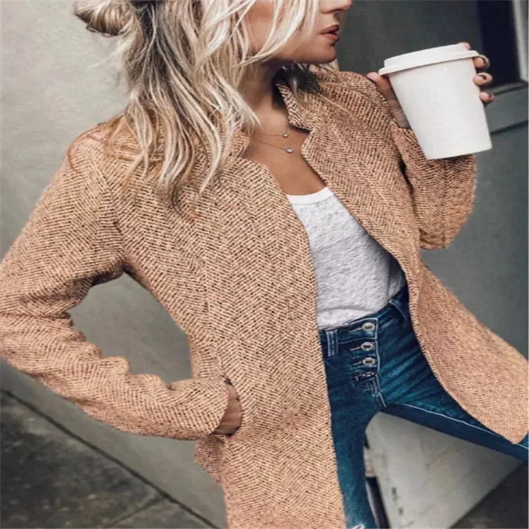 Women Polyester Herringbone Woolen Look Jacket Elegant Suit Collar Single-Breasted Thickened Loose Outerwear For Winter Autumn Street Wear