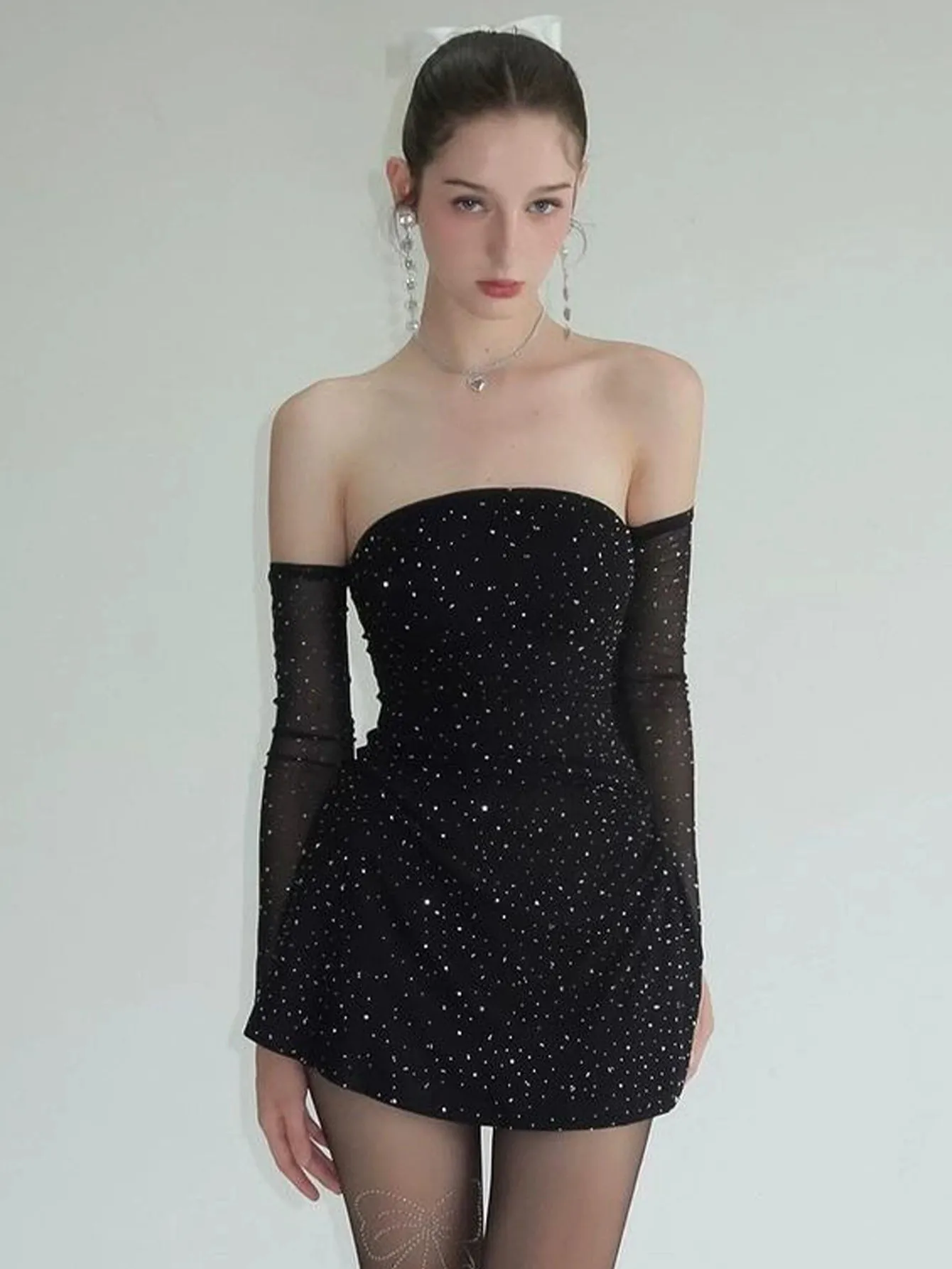 Women Sexy Off Shoulder Glitter Mini Dress Nightclub Party Sparkling Bodycon Tube Top Dress With Mesh Sleeves Clubwear