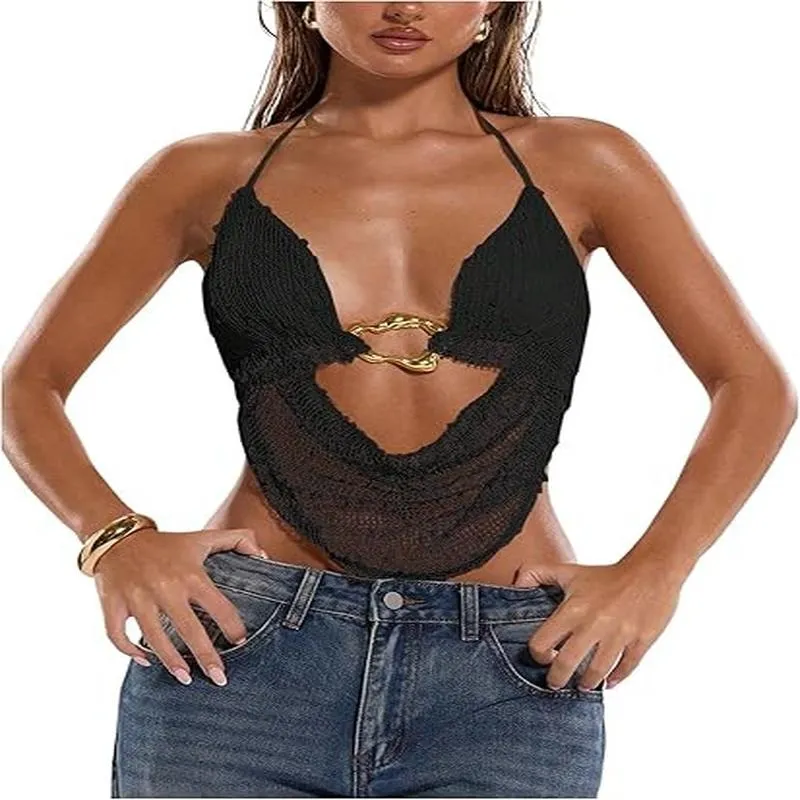 Women Y2K Crochet Halter Top Sequin Metal Ring Decor Backless Sleeveless Top For Summer Beach Party Sexy Clubwear Clothes