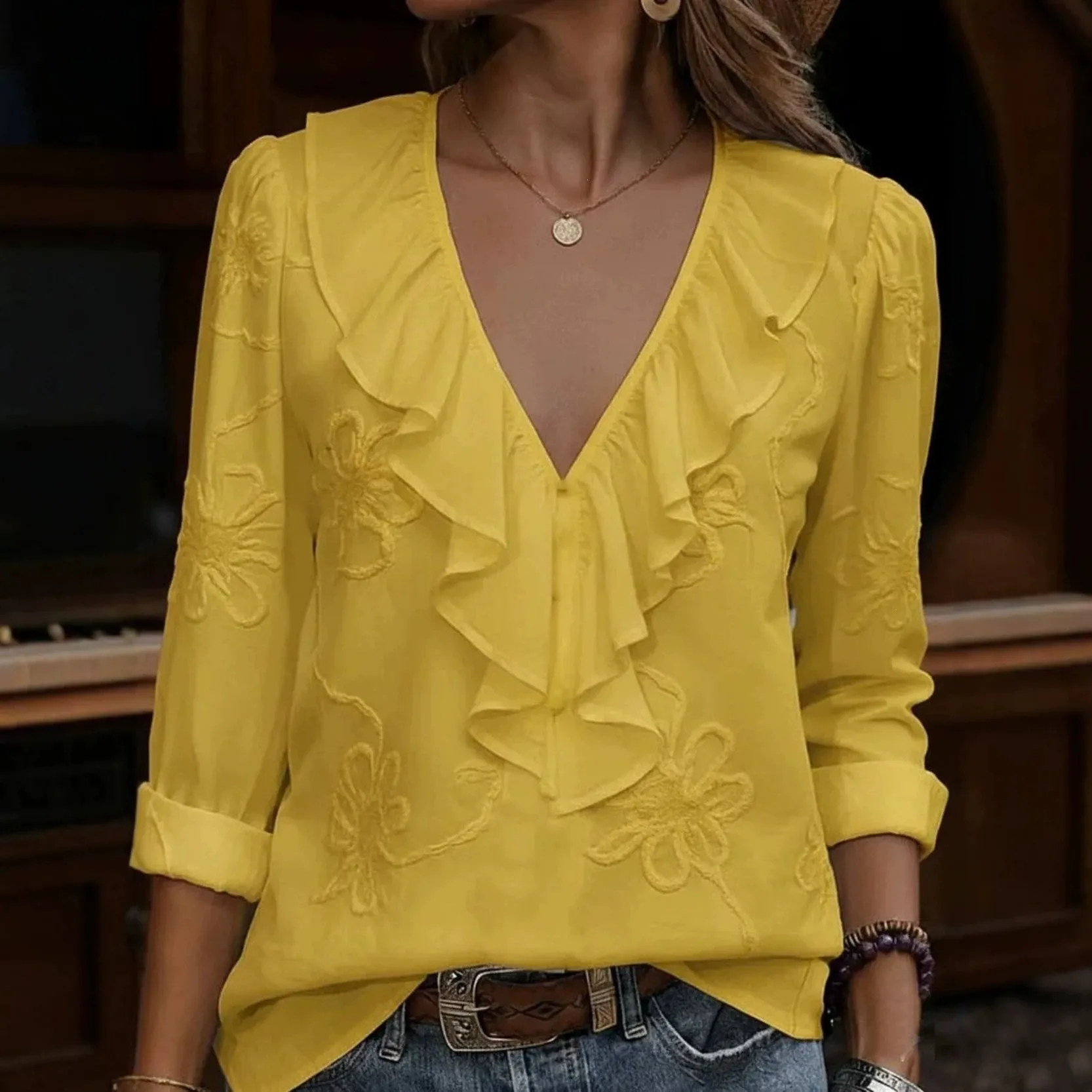 Elegant V Neck Ruffle Long Sleeve Polyester Blouse For Women Solid Color Slim Fit Casual Versatile Top Ladies Spring Clothing