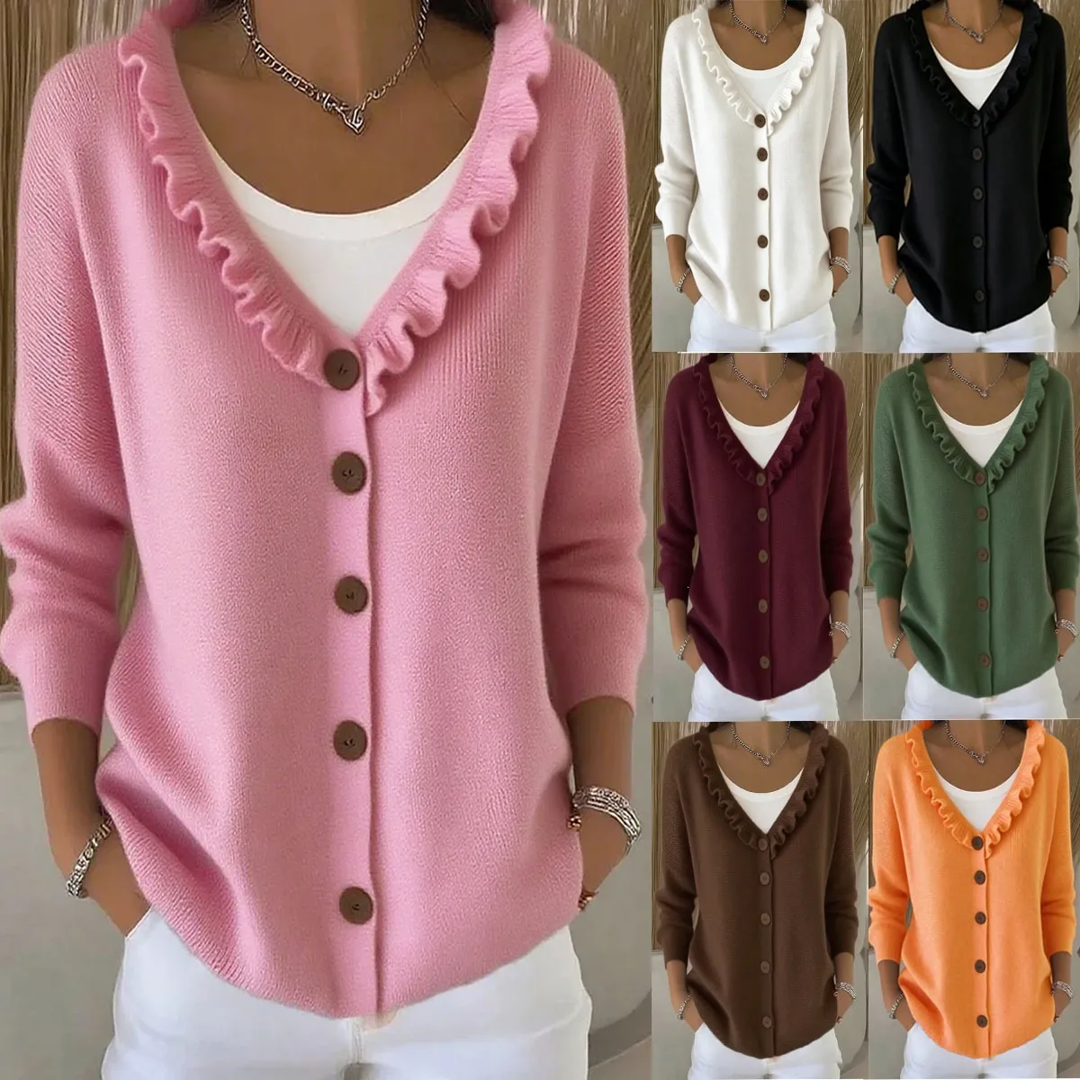 Women's V-Neck Ruffle Knitted Cardigan Casual Button Down Loose Polyester Sweater Top For Autumn Daily Wear Ladies Fashion