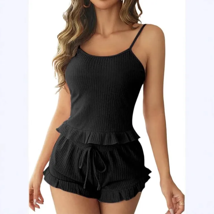 Women Sweet Fresh Ribbed Cami Top And Bottom Pajamas Set Ruffle Hem Sleeveless Solid Color Sleepwear Lounge Wear Summer