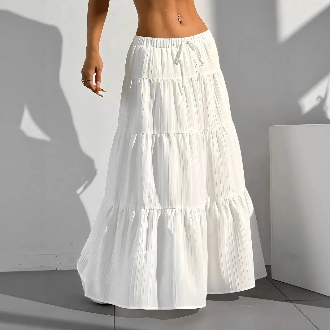 Women Sweet Casual Solid Color Tiered Ruffled Maxi Skirt With Drawstring Elastic Waist Polyester Spandex Summer Cake Skirt