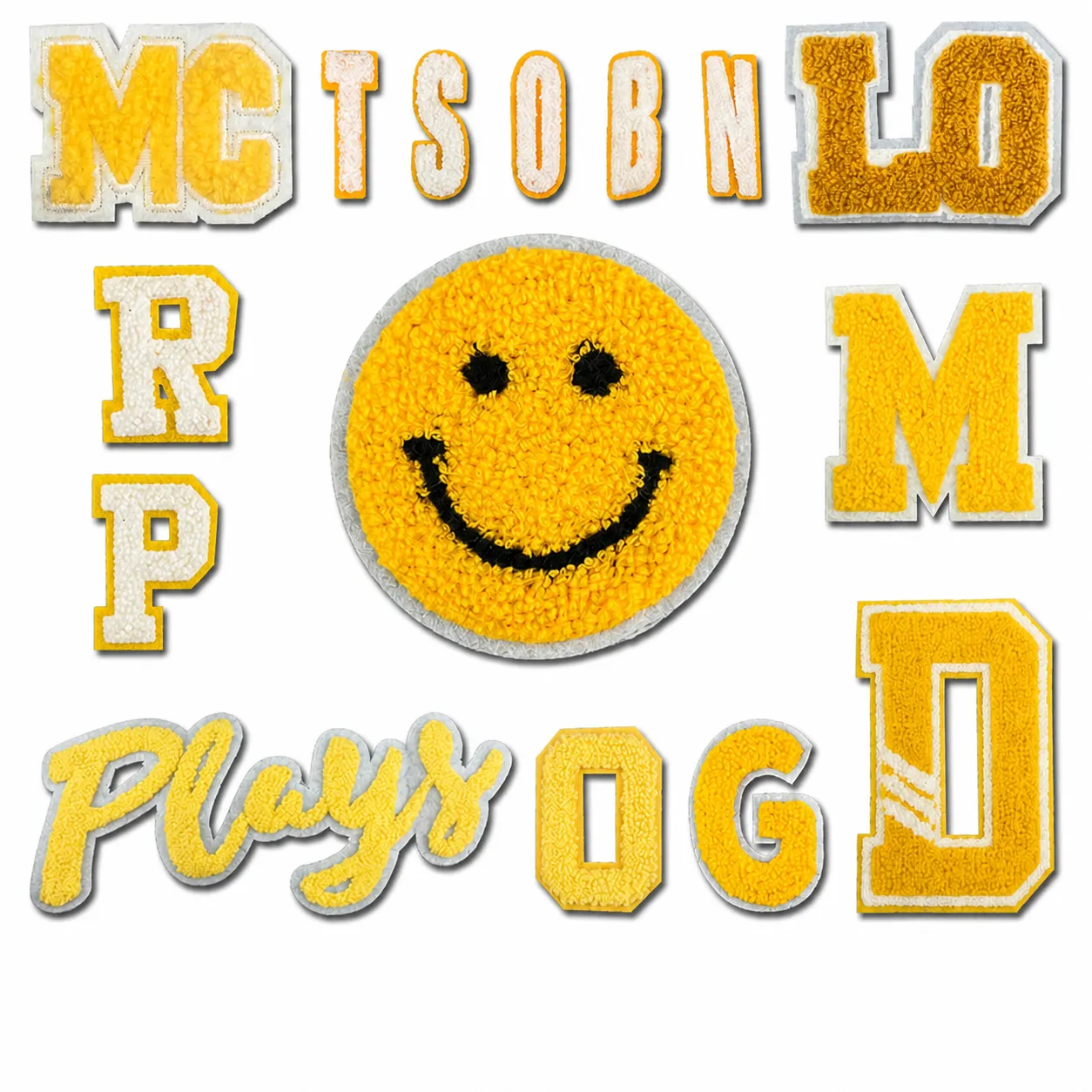 Parche de Letra de Bordado de Toalla Chenille Amarillo Cara Sonriente Aplique DIY para Abrigo de Invierno Chaqueta Accesorios de Costura