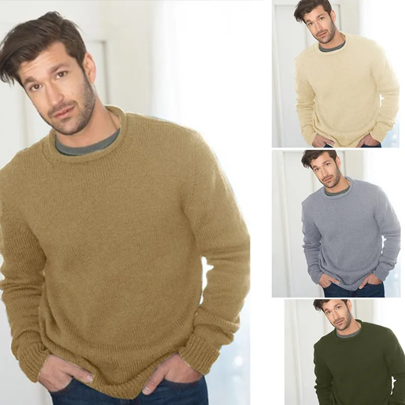 Herren Casual Winter Acryl Rundhalsausschnitt Langarm Pullover Basic Schmale Passform Einfarbig Gerippter Saum Strickware
