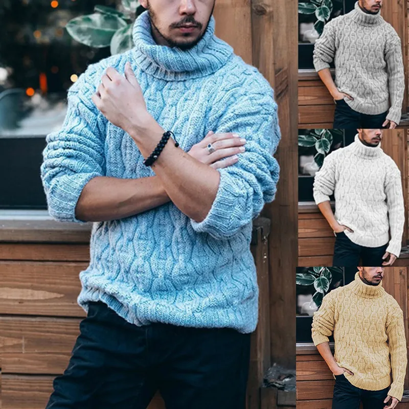 Men's Casual Turtleneck Cable Knit Sweater Winter Long Sleeve Slim Fit Pullover