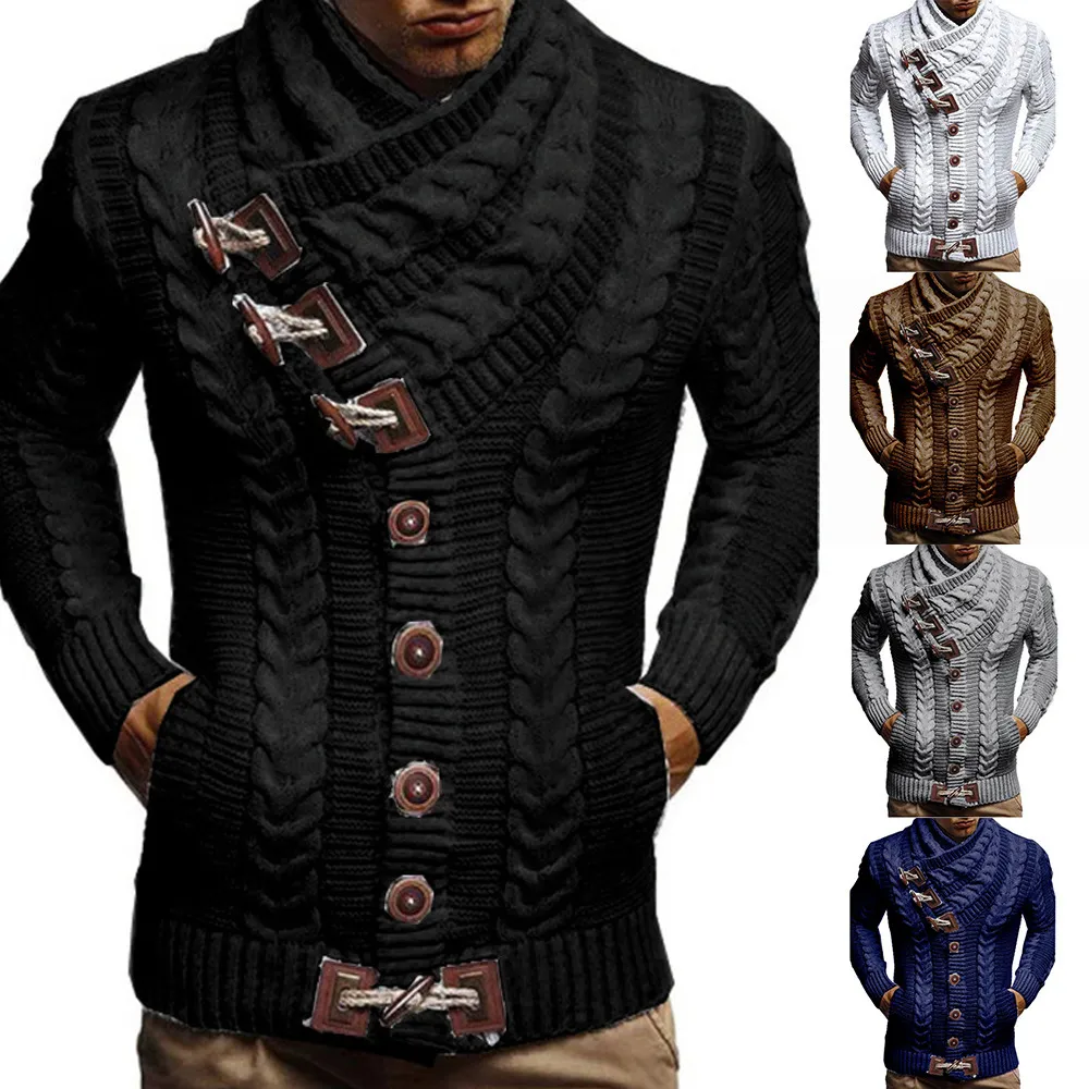 Cardigan Suéter de Invierno para Hombre Cuello Alto Slim Fit Casual Patrón de Trenza Botones Manga Larga
