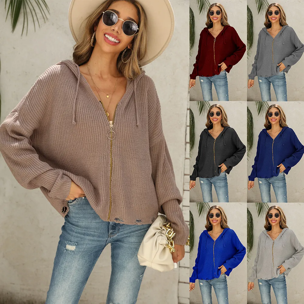 Women Casual Hooded Ripped Knitted Cardigan Sweater Long Sleeve Open Front Streetwear Outerwear Top